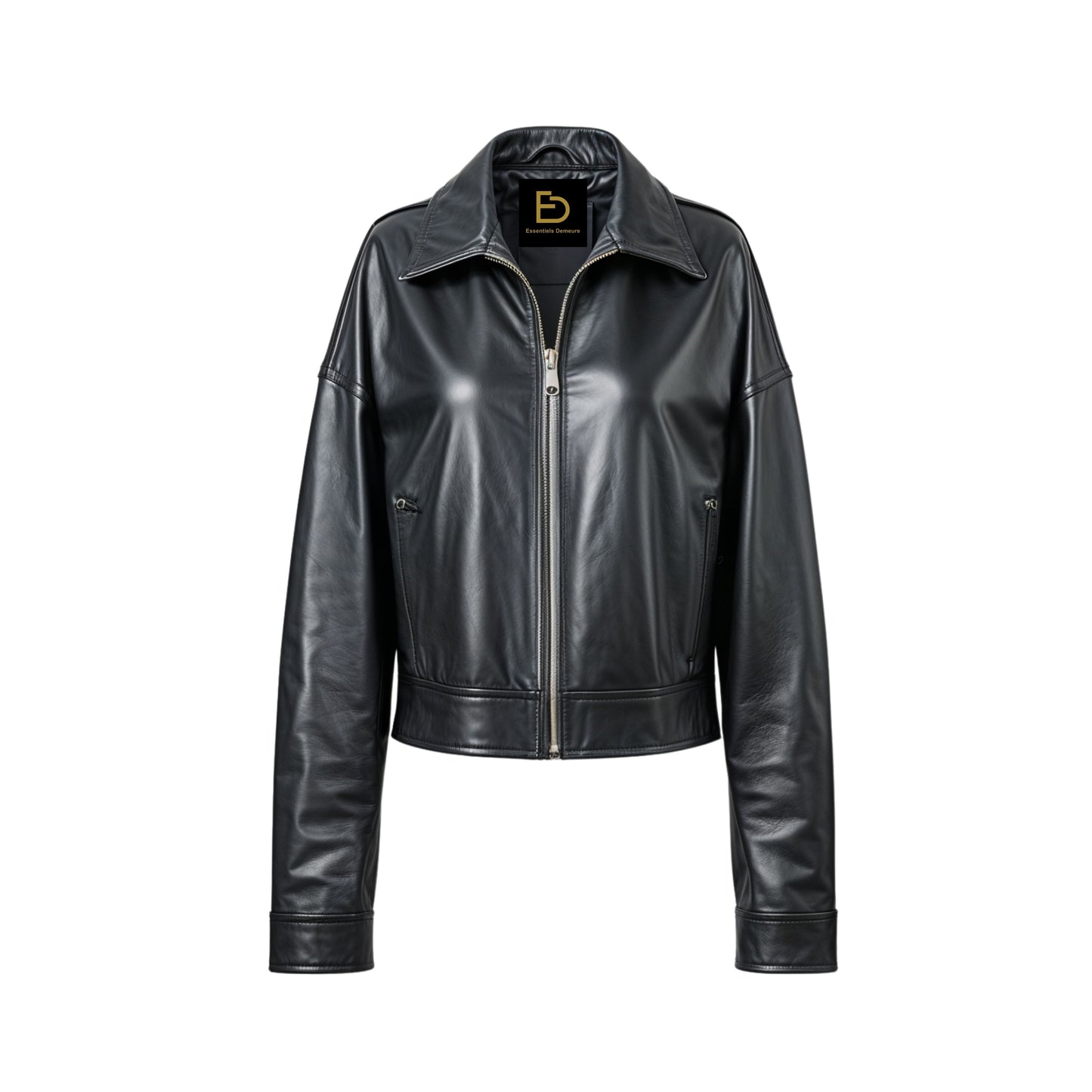 Black Leather Cropped Jacket: Relaxed Fit, Shirt Collar Streetwear Style