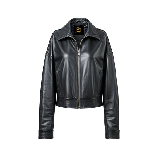 Black Leather Cropped Jacket: Relaxed Fit, Shirt Collar Streetwear Style