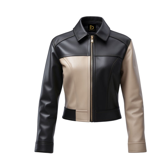 Women's Two-Tone Leather Jacket: Black Beige Color Block Shirt Collar Gold Zip Coat