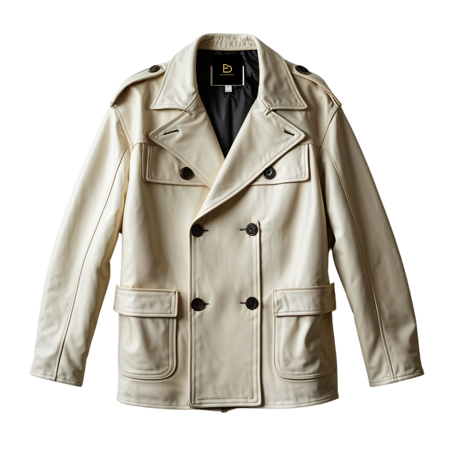 Classic Cream Double Breasted Real Leather Jacket Men Spacious Pockets Timeless Lapels Sophisticated Style