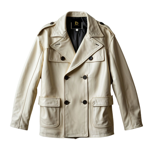 Classic Cream Double Breasted Real Leather Jacket Men Spacious Pockets Timeless Lapels Sophisticated Style