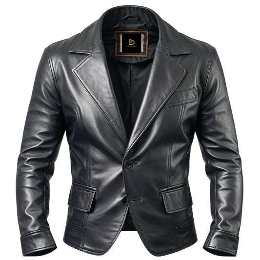 Men's Black Leather Blazer Jacket: Classic Tailored Fit, Notch Lapel, Smart Casual Wear