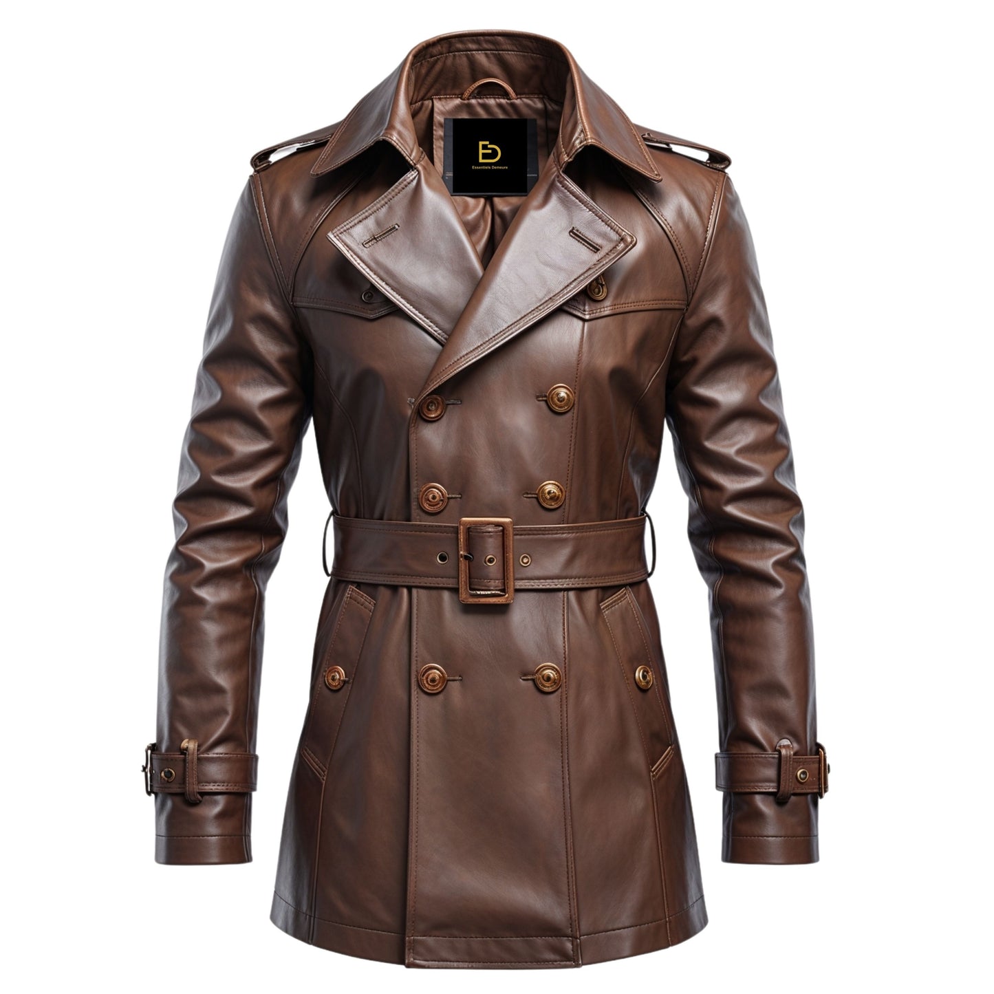 Men's Brown Leather Double Breasted Trench Coat with Belted Waist – Classic Lapel Overcoat