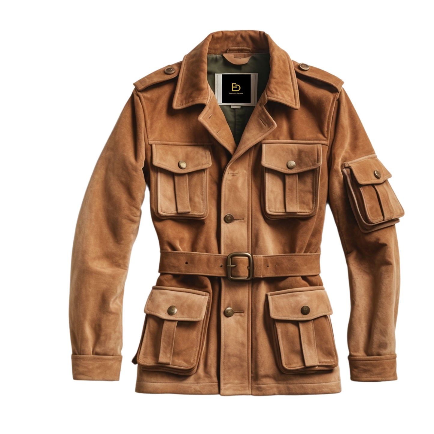 Brown Suede Safari Field Jacket with Belted Waist and Flap Pockets