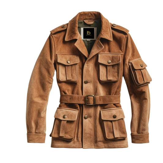 Brown Suede Safari Field Jacket with Belted Waist and Flap Pockets