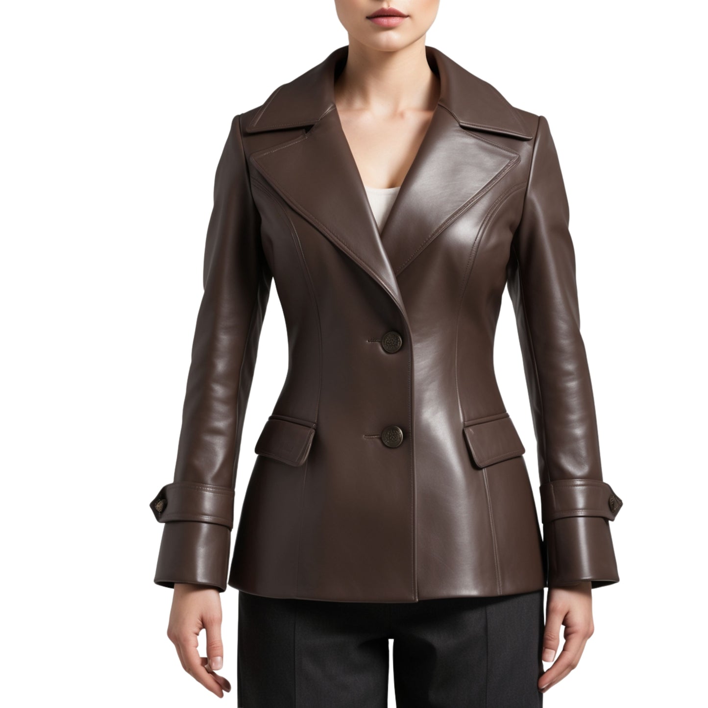 Brown Real Leather Blazer Jacket: Classic Lapel, Tailored Fit, Luxury Coat