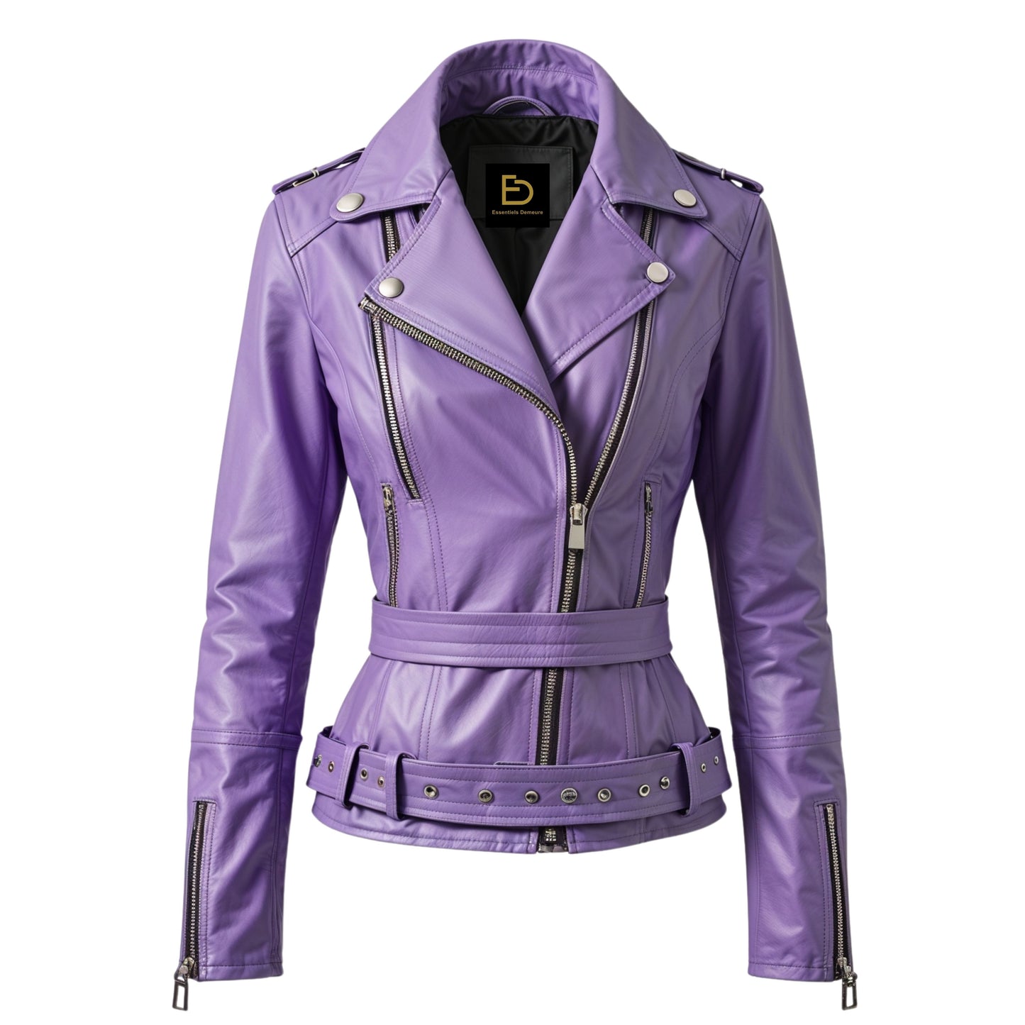 Women's Lavender Real Leather Belted Biker Jacket – Slim Fit Lapel Outerwear
