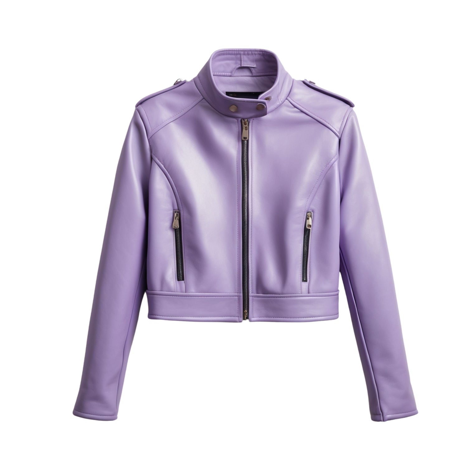 Women's Lavender Real Leather Moto Jacket, Stand Collar Zip Front Coat
