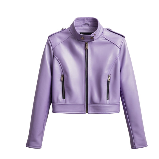 Women's Lavender Real Leather Moto Jacket, Stand Collar Zip Front Coat