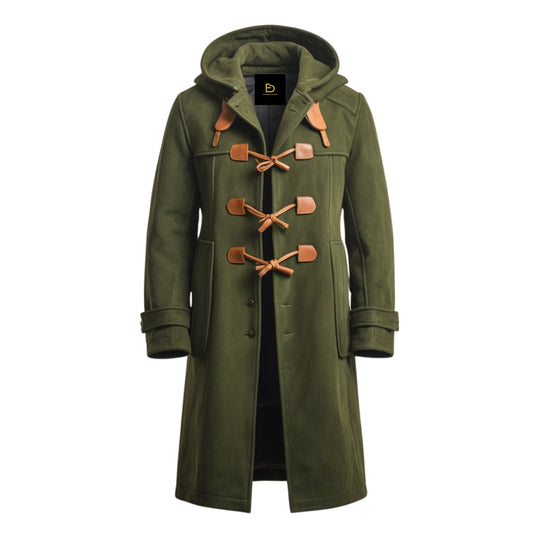Men's Green Classic Duffle Coat with Leather Toggle Fasteners and Hood – Stylish Winter Wear