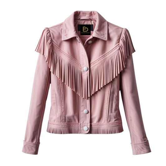 Dusty Pink Real Leather Fringe Jacket – Western Yoke Shoulder Fringe Hem