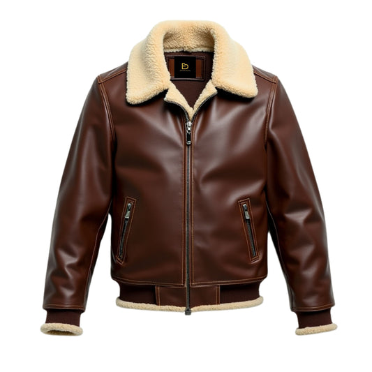 Men's Brown Leather Aviator Bomber Jacket with Shearling Collar – Classic Winter Travel Wear