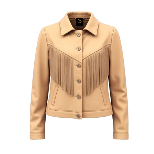 Camel Real Leather Fringed Jacket – Bohemian Western Lapel Collar Style