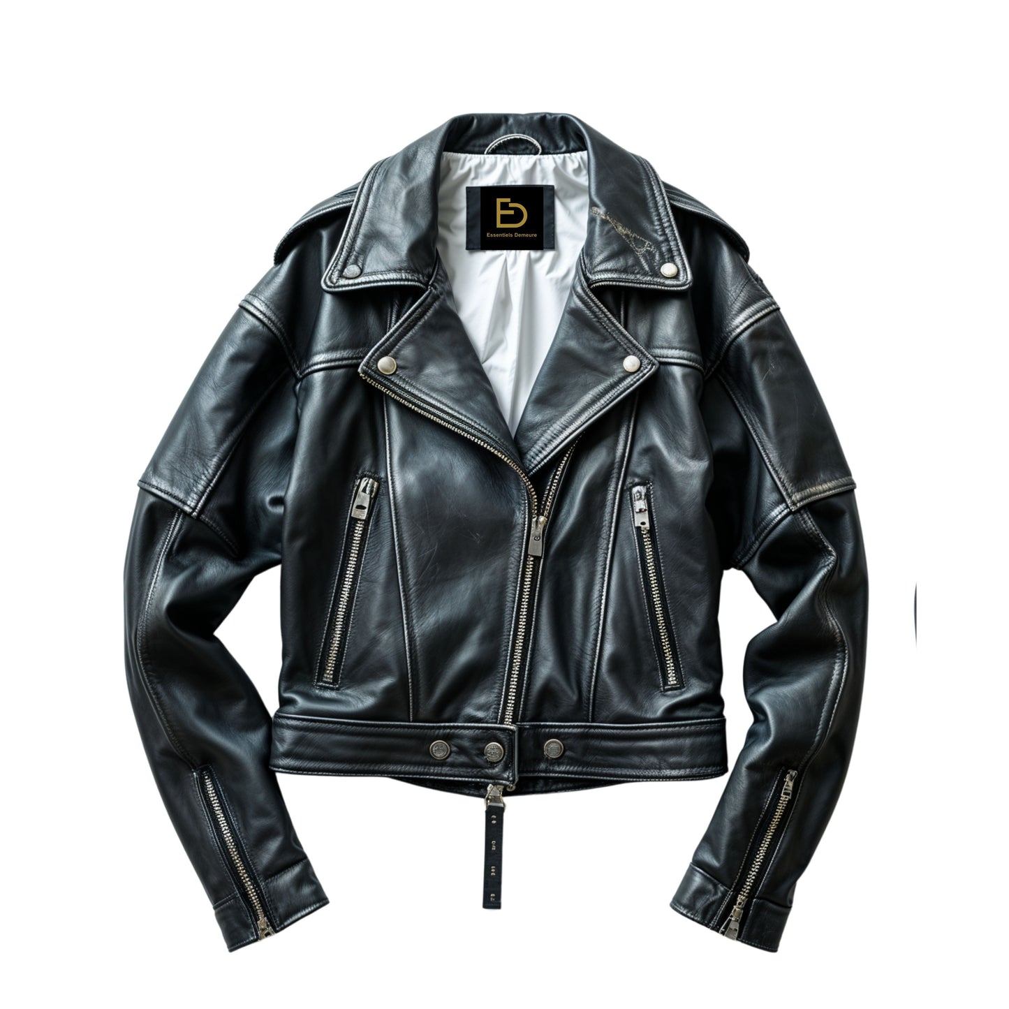 Black Leather Cropped Moto Jacket: Asymmetrical Zip, Snap Lapel Biker Outerwear