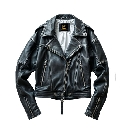 Black Leather Cropped Moto Jacket: Asymmetrical Zip, Snap Lapel Biker Outerwear