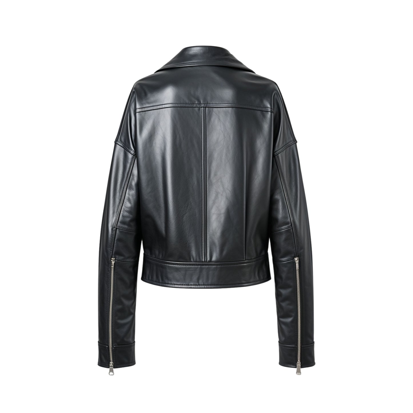 Black Leather Cropped Jacket: Relaxed Fit, Shirt Collar Streetwear Style