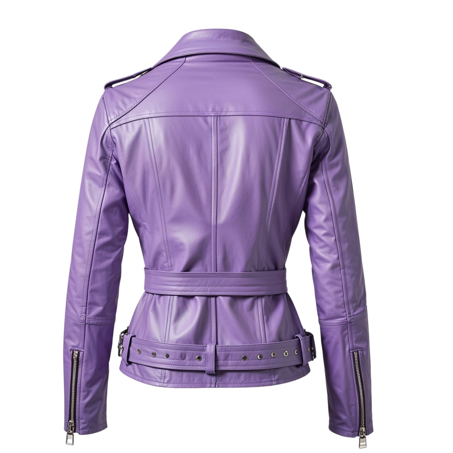 Women's Lavender Real Leather Belted Biker Jacket – Slim Fit Lapel Outerwear