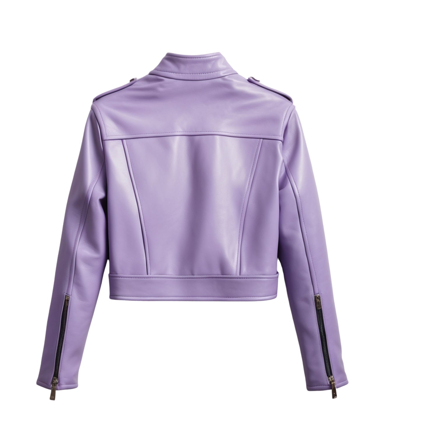 Women's Lavender Real Leather Moto Jacket, Stand Collar Zip Front Coat
