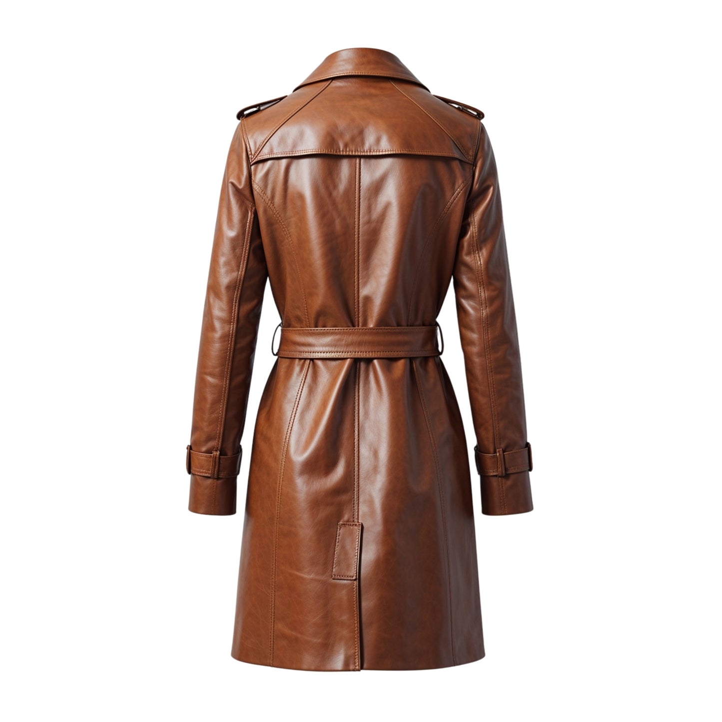 Women's Real Leather Trench Coat: Cognac Brown, Double Breasted, Belted Long Jacket