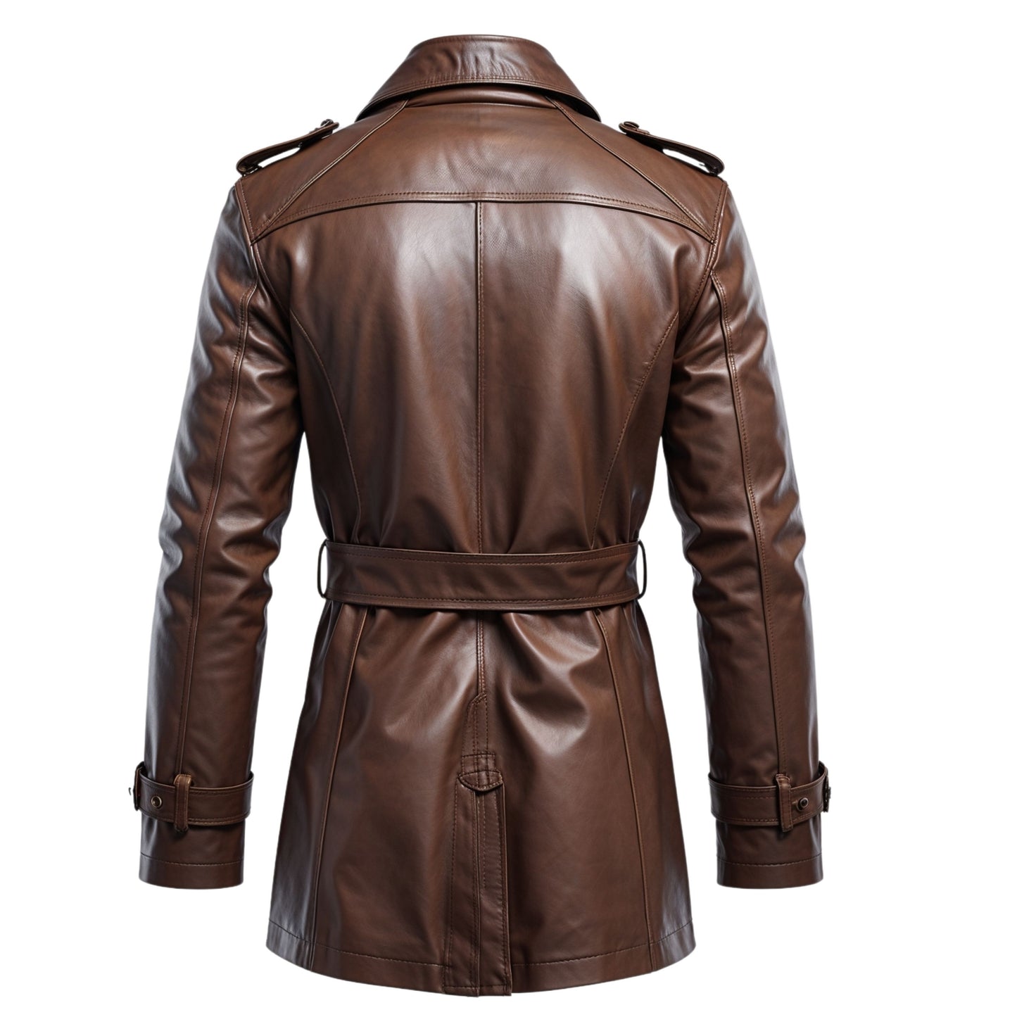 Men's Brown Leather Double Breasted Trench Coat with Belted Waist – Classic Lapel Overcoat