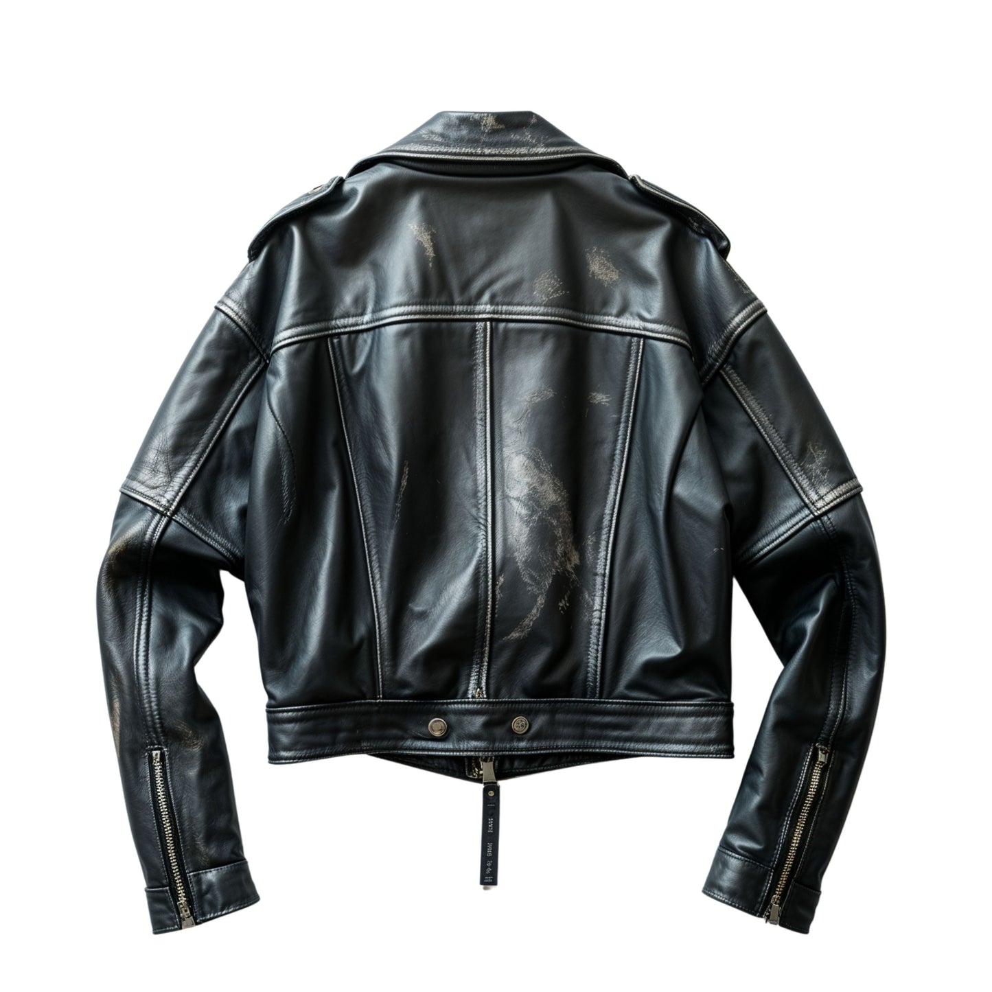 Black Leather Cropped Moto Jacket: Asymmetrical Zip, Snap Lapel Biker Outerwear