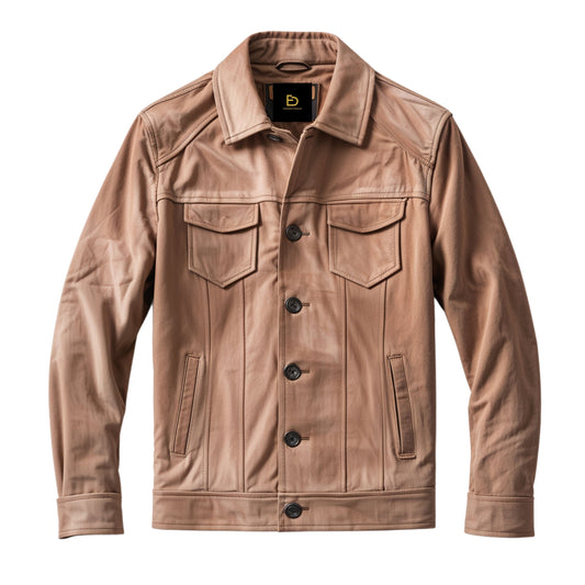 Tan Real Leather Trucker Jacket: Modern Seaming, Button Closure, Flap Pockets
