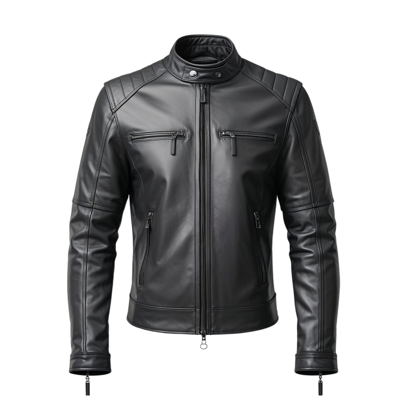 Men's Real Leather Motorcycle Jacket: Quilted Shoulders, Zipper Pockets, Riding Wear
