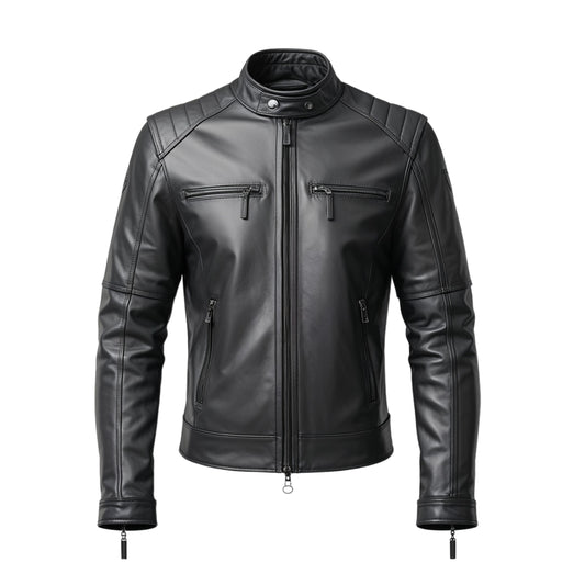 Men's Real Leather Motorcycle Jacket: Quilted Shoulders, Zipper Pockets, Riding Wear