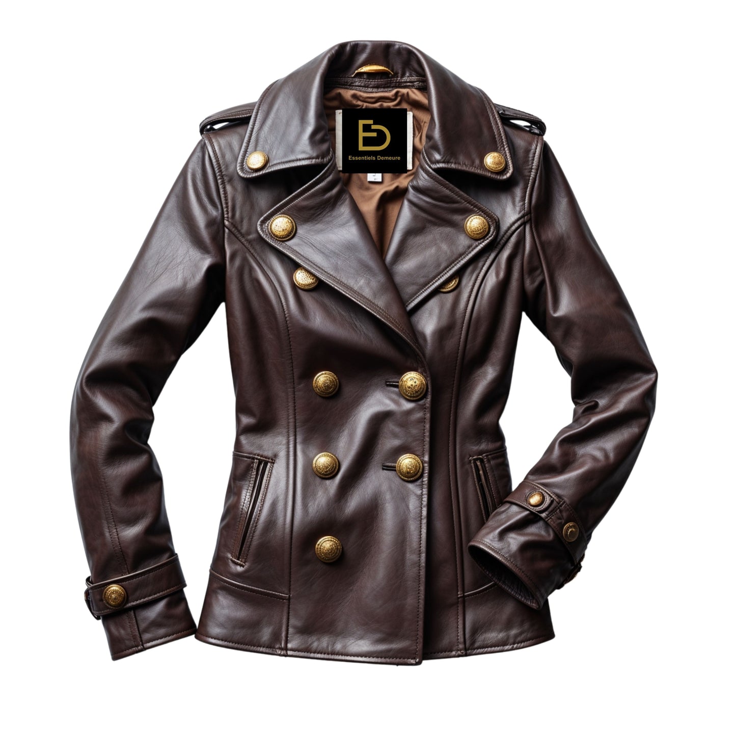 Women's Dark Brown Leather Double Breasted Military Peacoat Jacket