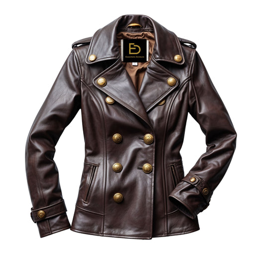 Women's Dark Brown Leather Double Breasted Military Peacoat Jacket