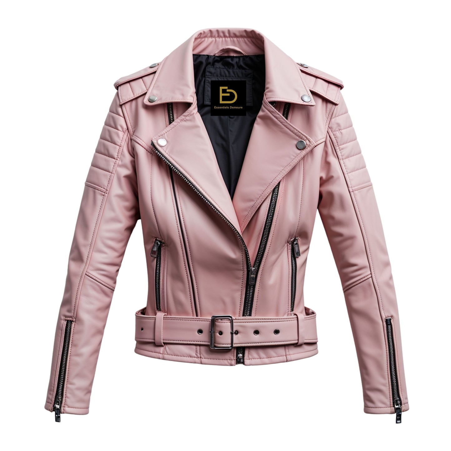Blush Pink Leather Moto Jacket with Belted Waist and Quilted Sleeves