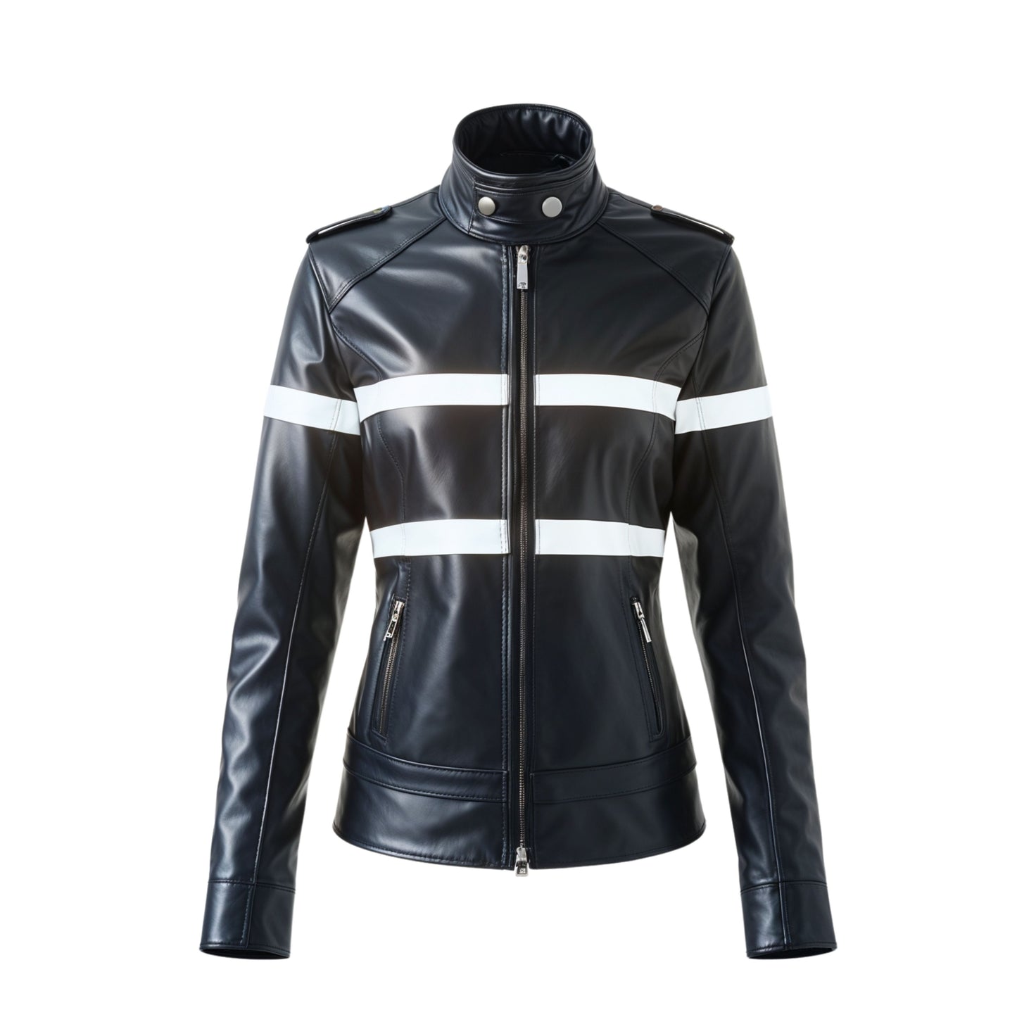 Womens Black Leather Racer Jacket with White Stripes – Moto Style Coat
