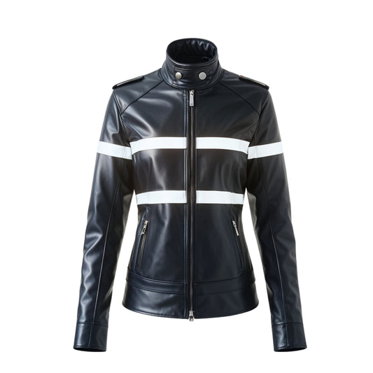 Womens Black Leather Racer Jacket with White Stripes – Moto Style Coat