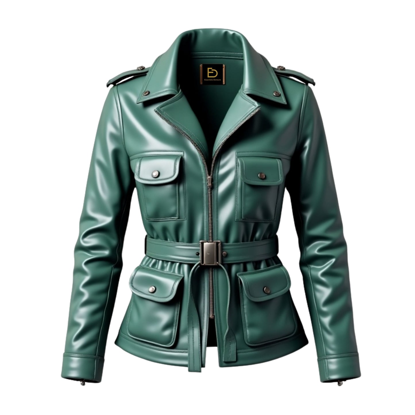 Olive Green Real Leather Safari Jacket: Military Style, Belted Waist, Cargo Pockets