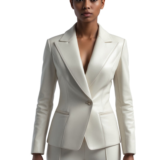 Women's White Ivory Real Leather Blazer Jacket: Wide Peak Lapel, Fitted Silhouette
