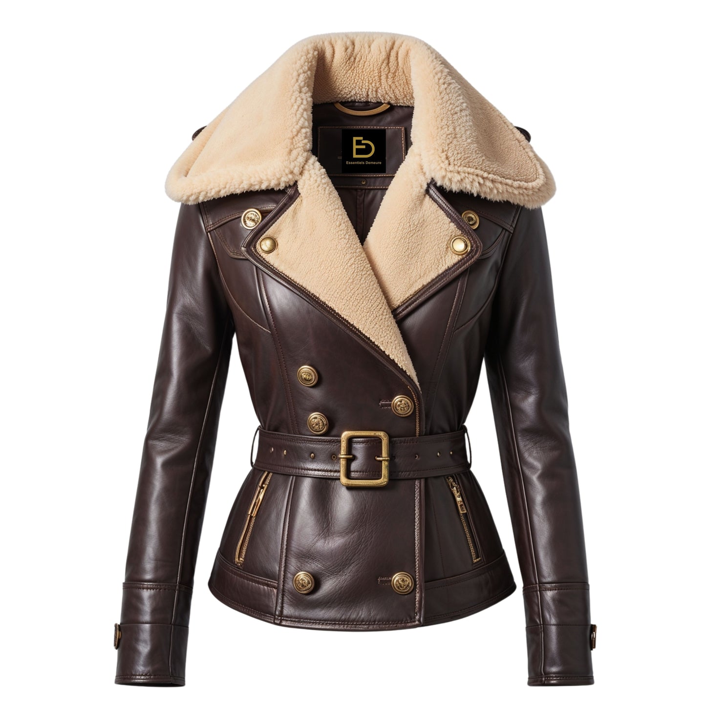 Dark Brown Real Leather Shearling Moto Jacket – Belted Double Breasted Slim Fit Biker Outerwear