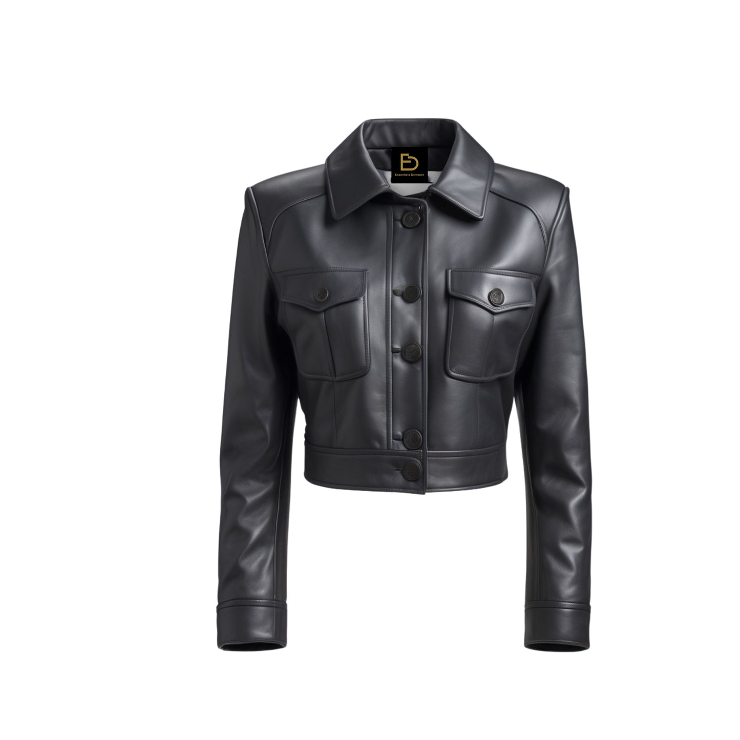 Black Real Leather Cropped Trucker Jacket: Essentials Demeure Streetwear Coat