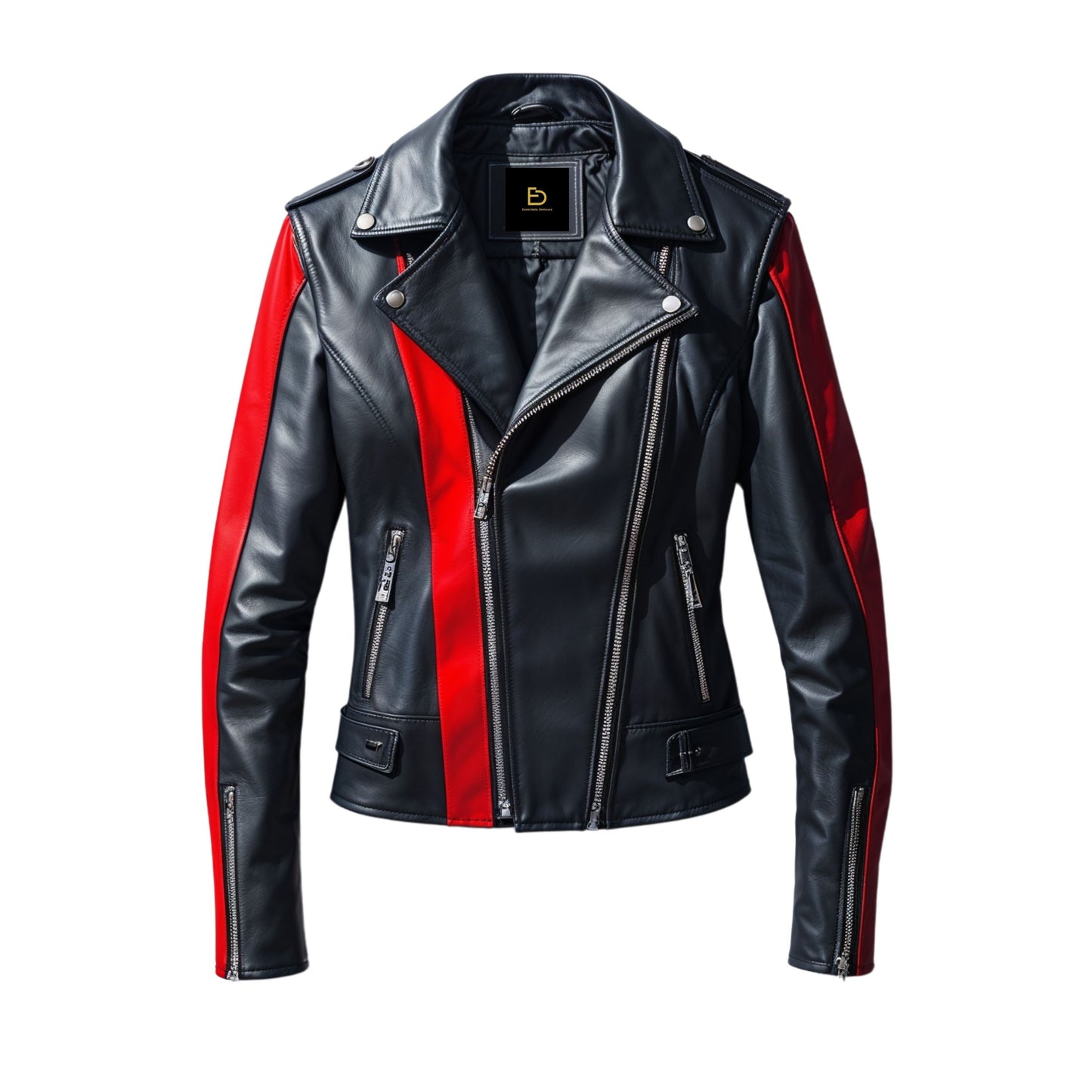 Men's Real Leather Biker Jacket with Red Stripes, Asymmetrical Zip Street Style