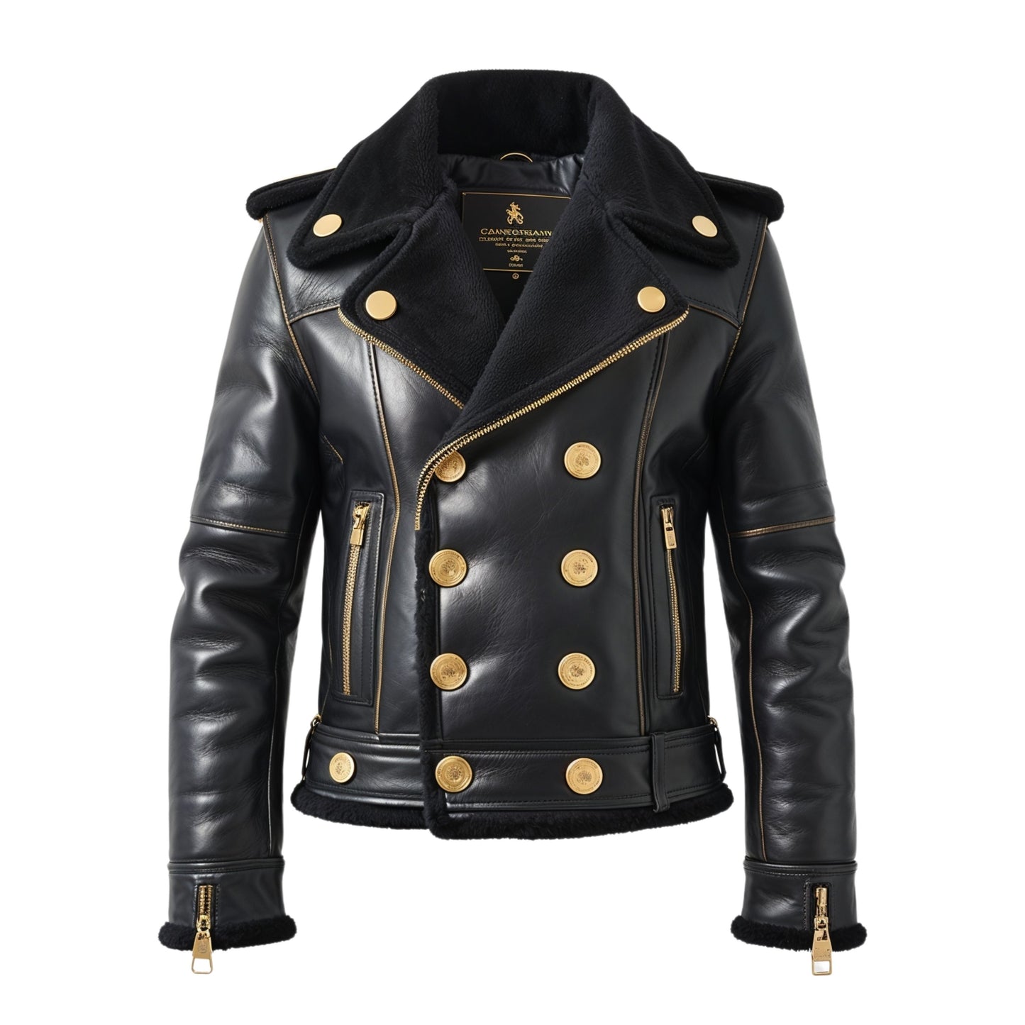 Men's Black Real Leather Double Breasted Biker Jacket with Shearling Collar