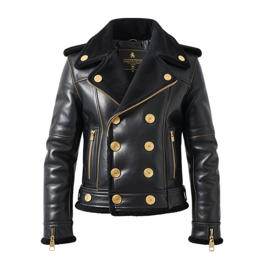 Men's Black Real Leather Double Breasted Biker Jacket with Shearling Collar