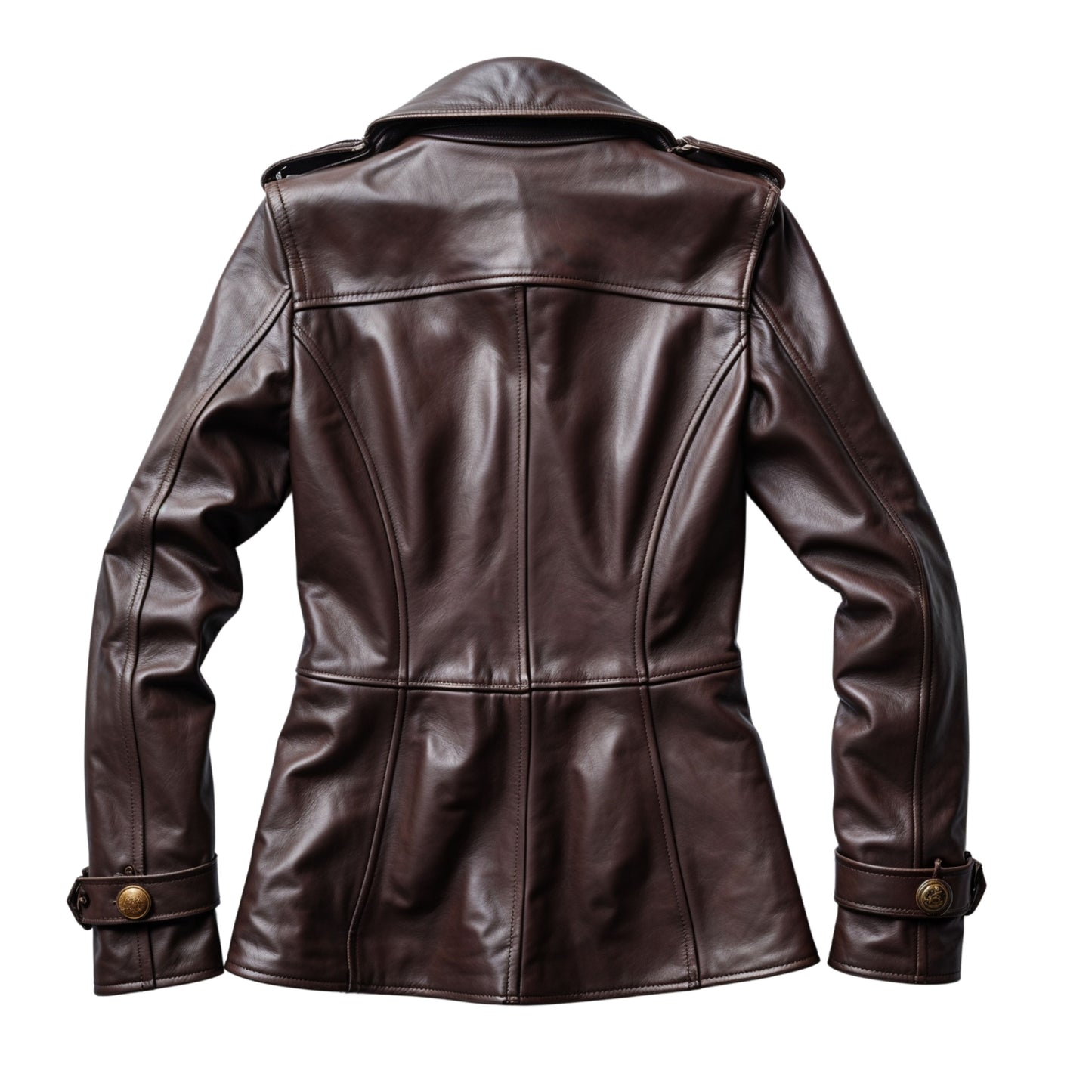 Women's Dark Brown Leather Double Breasted Military Peacoat Jacket