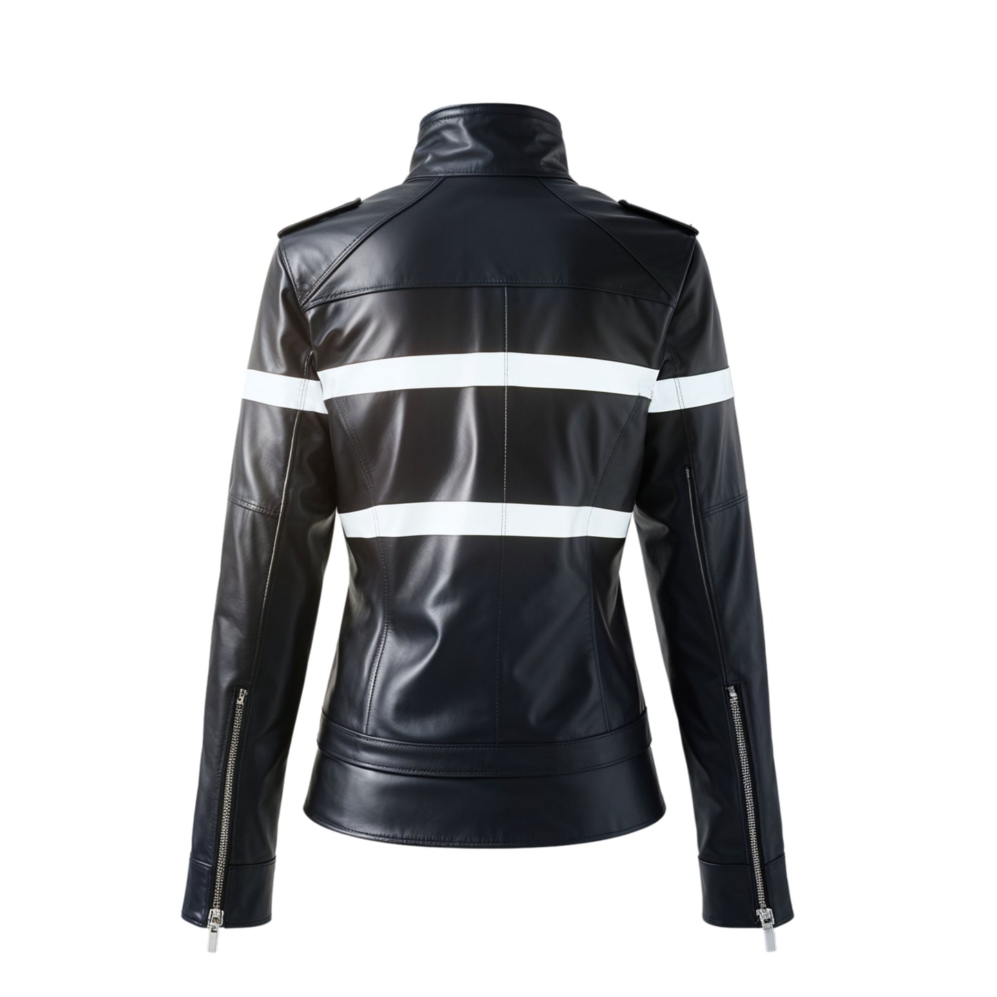 Womens Black Leather Racer Jacket with White Stripes – Moto Style Coat