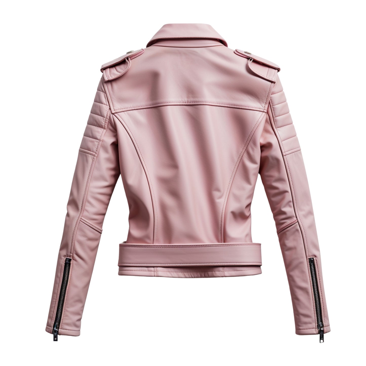 Blush Pink Leather Moto Jacket with Belted Waist and Quilted Sleeves