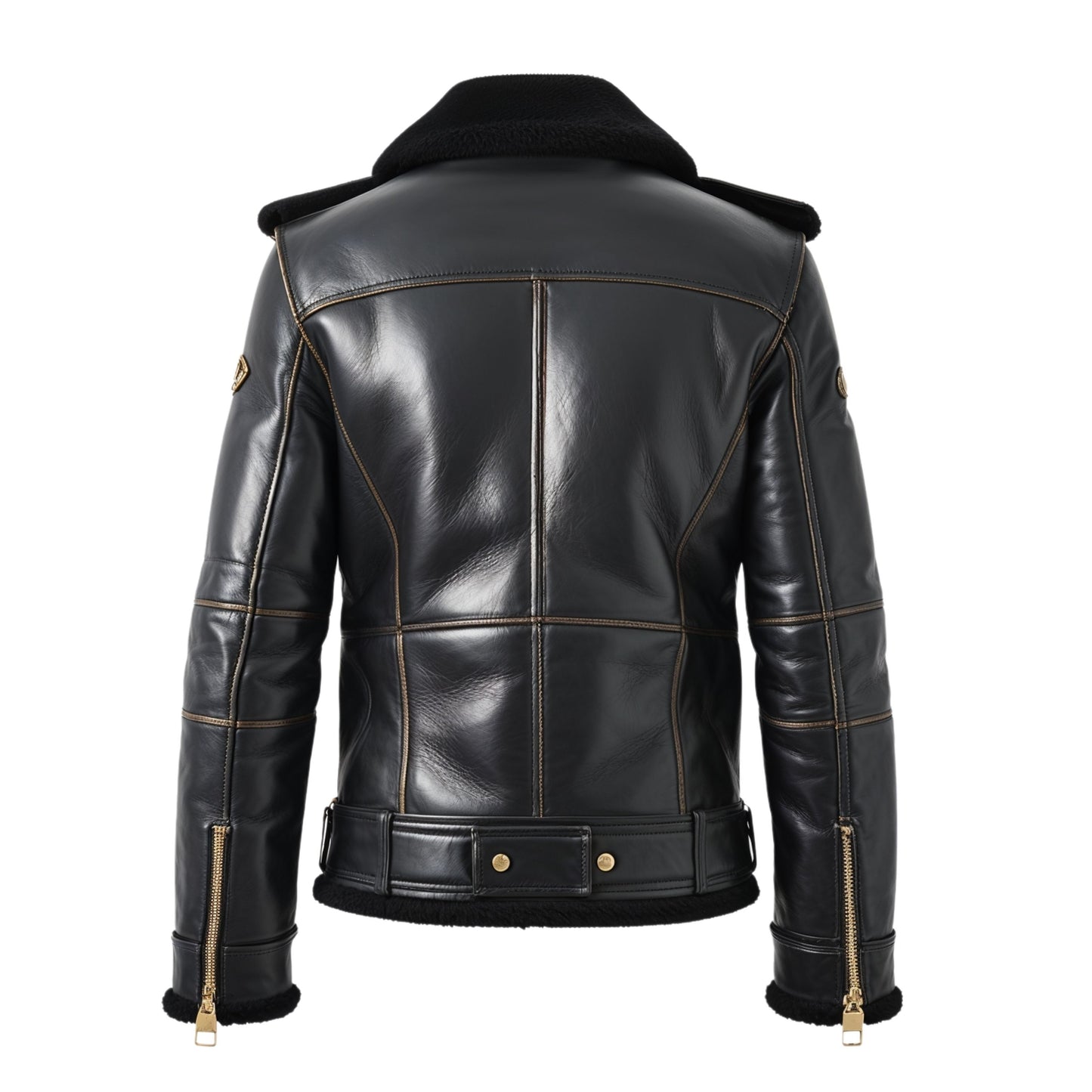 Men's Black Real Leather Double Breasted Biker Jacket with Shearling Collar