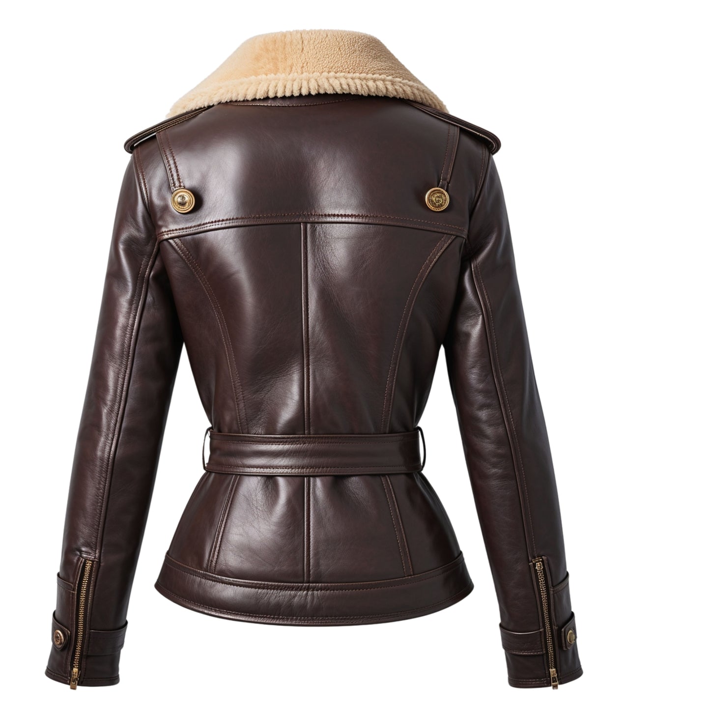 Dark Brown Real Leather Shearling Moto Jacket – Belted Double Breasted Slim Fit Biker Outerwear