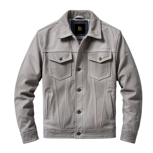 Light Gray Suede Leather Trucker Jacket: Tailored Fit, Urban Style