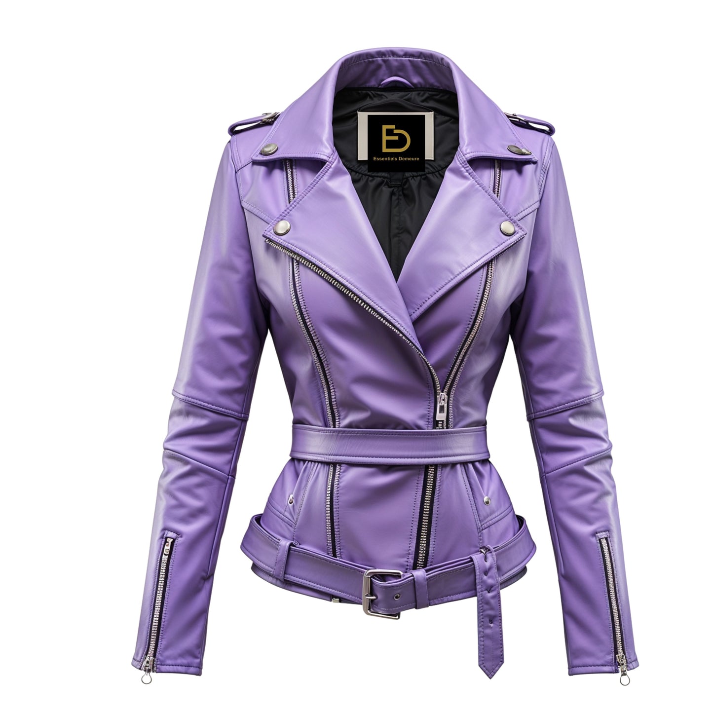 Women Lavender Purple Real Leather Moto Jacket Belted Slim Fit Biker Style Fashion Outerwear