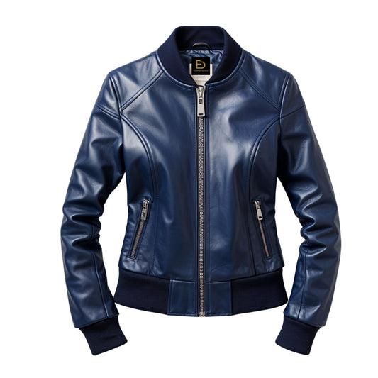 Navy Blue Leather Bomber Jacket: Ribbed Collar, Cuffs, Zip Front Slim Fit Moto Coat