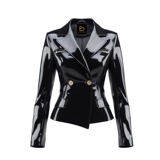 Black Patent Leather Blazer Jacket: Gold Button Double Breasted Evening Coat