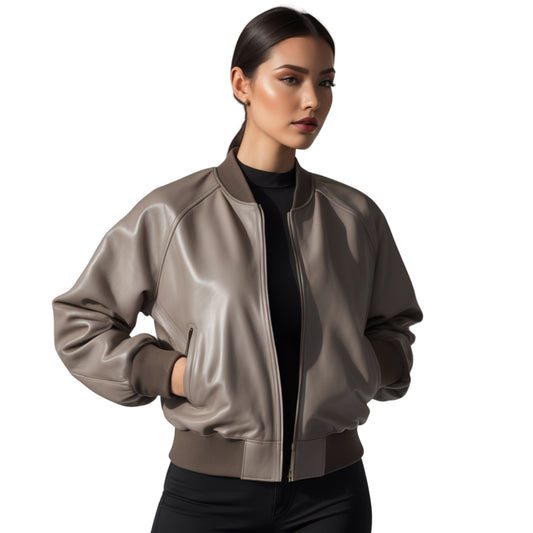 Women's Taupe Grey Real Leather Bomber Jacket – Minimalist Streetwear Coat